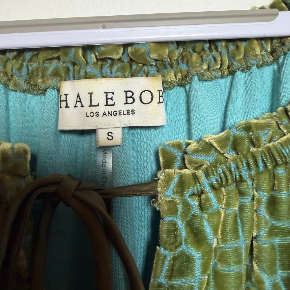 Hale Bob Green Velvet Giraffe Print Off Shoulder Long Sleeve Tassel Top S - Picture 4 of 9